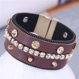 Rhinestone and Rivet Embellished Wholesale Jewelry Punk Style PU Women Statement Bangle