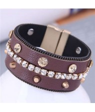 Rhinestone and Rivet Embellished Wholesale Jewelry Punk Style PU Women Statement Bangle