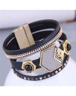 Hip-hop Style Geometric Rivets Decorated Women Hollow-out Three Layers Black PU Bangle