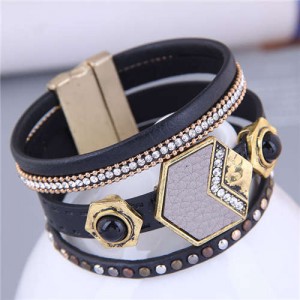 Hip-hop Style Geometric Rivets Decorated Women Hollow-out Three Layers Black PU Bangle