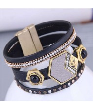 Hip-hop Style Geometric Rivets Decorated Women Hollow-out Three Layers Black PU Bangle