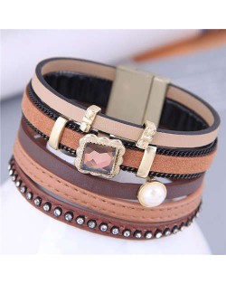 U.S. Fashion Cowboy Style Rhinestone Inserted Multi-layers Brown PU Women Bangle