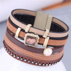 U.S. Fashion Cowboy Style Rhinestone Inserted Multi-layers Brown PU Women Bangle