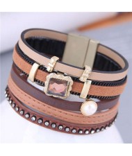 U.S. Fashion Cowboy Style Rhinestone Inserted Multi-layers Brown PU Women Bangle