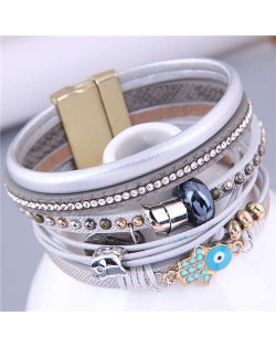 Classic Hand and Eye Decorated Rivet Rhinestone Insearted Multi-layers Women PU Leather Bracelet
