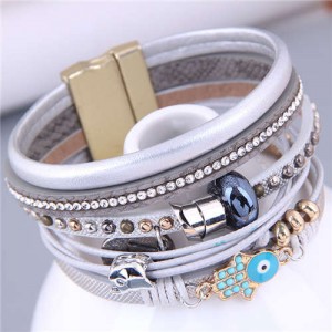 Classic Hand and Eye Decorated Rivet Rhinestone Insearted Multi-layers Women PU Leather Bracelet