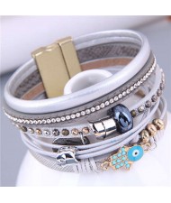 Classic Hand and Eye Decorated Rivet Rhinestone Insearted Multi-layers Women PU Leather Bracelet