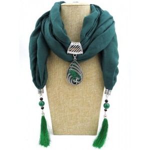 Ethnic Fashion Water-drop Gem Pendant Scarf Necklace - Ink Green
