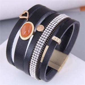 Vintage Style Rhinestone and Thin Chain Collocation Women Multi-layers Bangle - Black