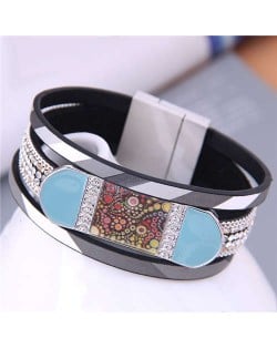 Shining Rhinestone Paved Punk Design Wholesale Fashion Jewelry Women PU Bangle - Black