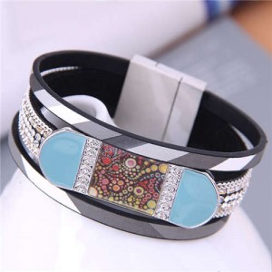 Shining Rhinestone Paved Punk Design Wholesale Fashion Jewelry Women PU Bangle - Black