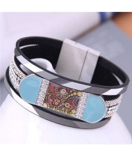 Shining Rhinestone Paved Punk Design Wholesale Fashion Jewelry Women PU Bangle - Black