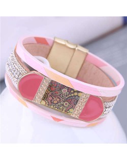 Shining Rhinestone Paved Punk Design Wholesale Fashion Jewelry Women PU Bangle - Pink