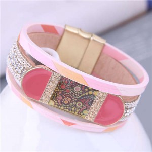 Shining Rhinestone Paved Punk Design Wholesale Fashion Jewelry Women PU Bangle - Pink