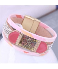 Shining Rhinestone Paved Punk Design Wholesale Fashion Jewelry Women PU Bangle - Pink