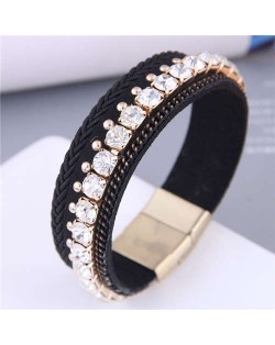 Golden Rivet and Rhinestone Insearted Weave Rope Popular Design Women Bracelet - Black