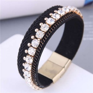 Golden Rivet and Rhinestone Insearted Weave Rope Popular Design Women Bracelet - Black