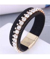 Golden Rivet and Rhinestone Insearted Weave Rope Popular Design Women Bracelet - Black