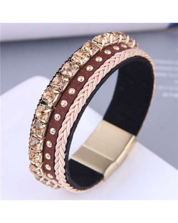 Golden Rivet and Rhinestone Insearted Weave Rope Popular Design Women Bracelet - Brown