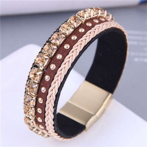 Golden Rivet and Rhinestone Insearted Weave Rope Popular Design Women Bracelet - Brown