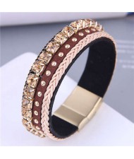 Golden Rivet and Rhinestone Insearted Weave Rope Popular Design Women Bracelet - Brown