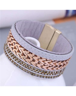 Hollow-out Alloy Unique Design Wide Style Magnet Button Women Wholesale Bangle - Gray