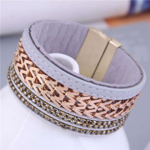 Hollow-out Alloy Unique Design Wide Style Magnet Button Women Wholesale Bangle - Gray