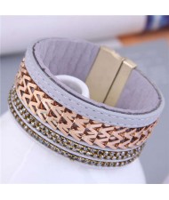 Hollow-out Alloy Unique Design Wide Style Magnet Button Women Wholesale Bangle - Gray