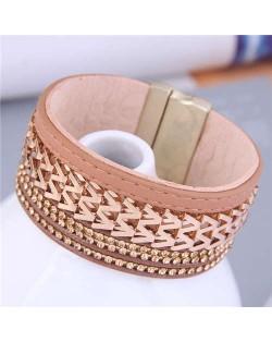 Hollow-out Alloy Unique Design Wide Style Magnet Button Women Wholesale Bangle - Khaki