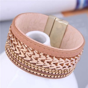 Hollow-out Alloy Unique Design Wide Style Magnet Button Women Wholesale Bangle - Khaki