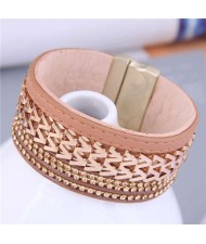 Hollow-out Alloy Unique Design Wide Style Magnet Button Women Wholesale Bangle - Khaki