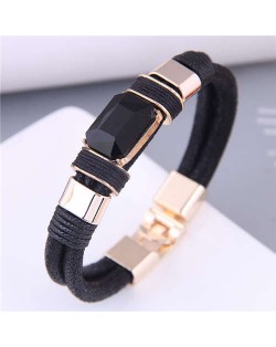 Square Artificial Gem Decorated PU Leather Rope Simple Design Women Bracelet - Black