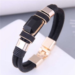 Square Artificial Gem Decorated PU Leather Rope Simple Design Women Bracelet - Black