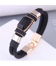 Square Artificial Gem Decorated PU Leather Rope Simple Design Women Bracelet - Black