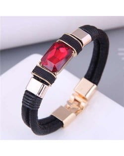 Square Artificial Gem Decorated PU Leather Rope Simple Design Women Bracelet - Red