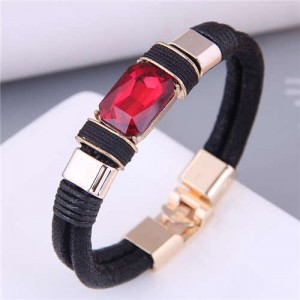 Square Artificial Gem Decorated PU Leather Rope Simple Design Women Bracelet - Red