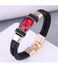 Square Artificial Gem Decorated PU Leather Rope Simple Design Women Bracelet - Red