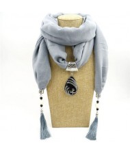 Ethnic Fashion Water-drop Gem Pendant Scarf Necklace - Gray