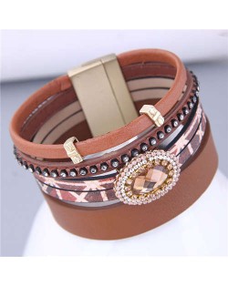 European and American Fashion Oval Rhinestone Embellished Women PU Leather Bangle - Brown