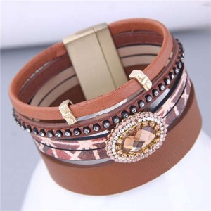 European and American Fashion Oval Rhinestone Embellished Women PU Leather Bangle - Brown