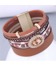 European and American Fashion Oval Rhinestone Embellished Women PU Leather Bangle - Brown