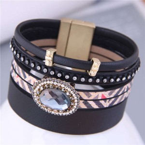 European and American Fashion Oval Rhinestone Embellished Women PU Leather Bangle - Black