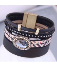 European and American Fashion Oval Rhinestone Embellished Women PU Leather Bangle - Black