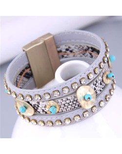 Folk Style Rhinestone and Snakeskin Pattern Multi-elements Wide Women Bangle - Gray