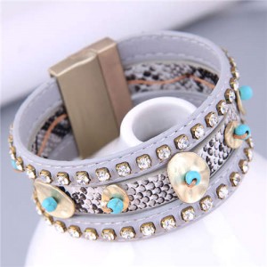 Folk Style Rhinestone and Snakeskin Pattern Multi-elements Wide Women Bangle - Gray