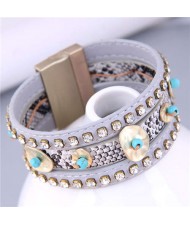 Folk Style Rhinestone and Snakeskin Pattern Multi-elements Wide Women Bangle - Gray