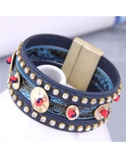 Folk Style Rhinestone and Snakeskin Pattern Multi-elements Wide Women Bangle - Royal Blue