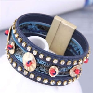 Folk Style Rhinestone and Snakeskin Pattern Multi-elements Wide Women Bangle - Royal Blue