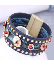 Folk Style Rhinestone and Snakeskin Pattern Multi-elements Wide Women Bangle - Royal Blue