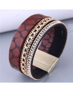 Golden Alloy Chain and Rhinestone Combo Snake Skin Design Women PU Leather Bangle - Coffee